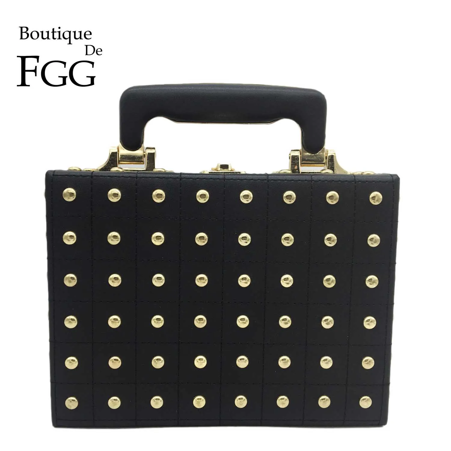 

Boutique De FGG Vintage Rivets Women Black Shoulder Handbags Faux Leather PU Box Totes Crossbody Bag