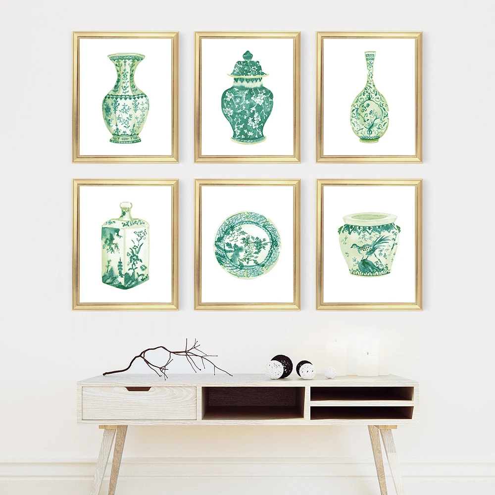 Watercolor Chinoiserie Vases Print Ming Porcelain emerald asian Green China Art Canvas Painting Eastern Poster Wall Art Decor