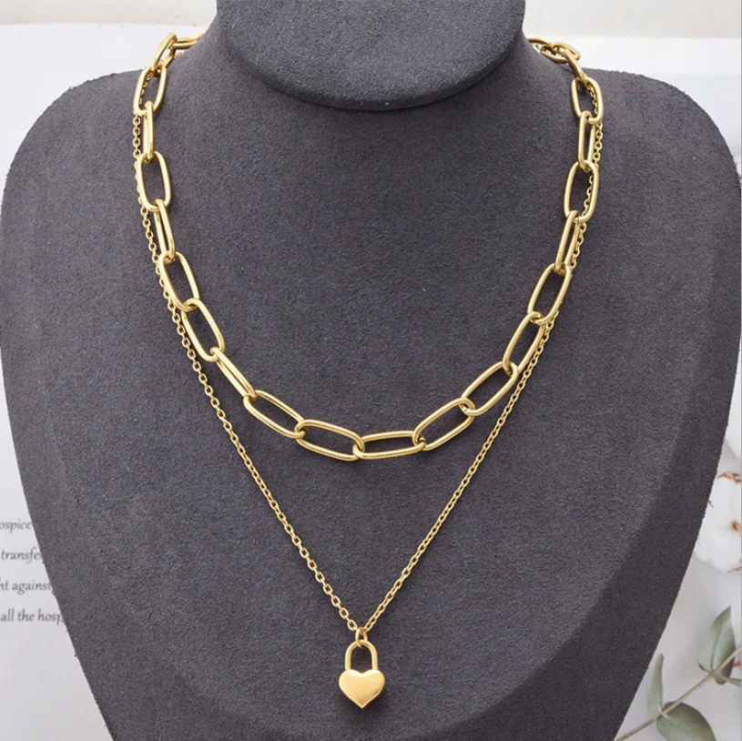 316L Stainless Steel Fashion Fine Jewelry Hip Hop 2-Layer Heart Lovers Lock Charm Thick Chain Choker Necklaces Pendant For Women