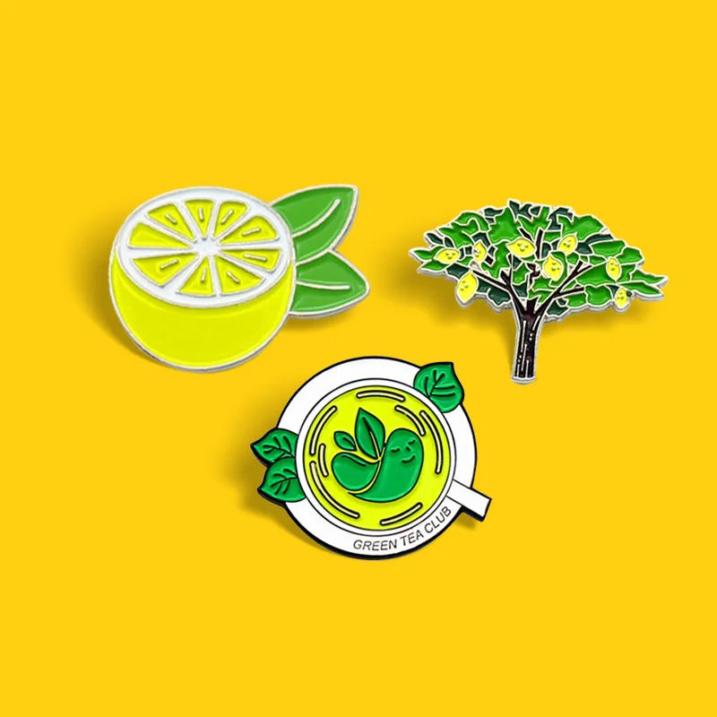 Pin de esmalte de árbol de té verde limón broches de club de té verde para camisa bolsa de solapa insignia de fruta regalo de joyería de dibujos animados para niños amigos