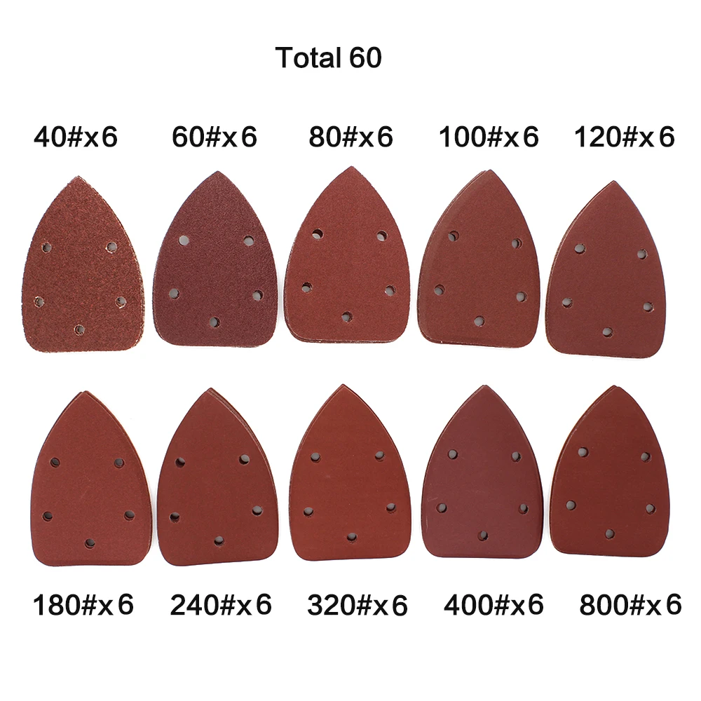 60pcs Mouse Detail Sander Sandpaper Triangle Sanding Paper Hook and Loop Assorted 40/60/ 80/100/120/180/ 240 Grits Abrasive Tool