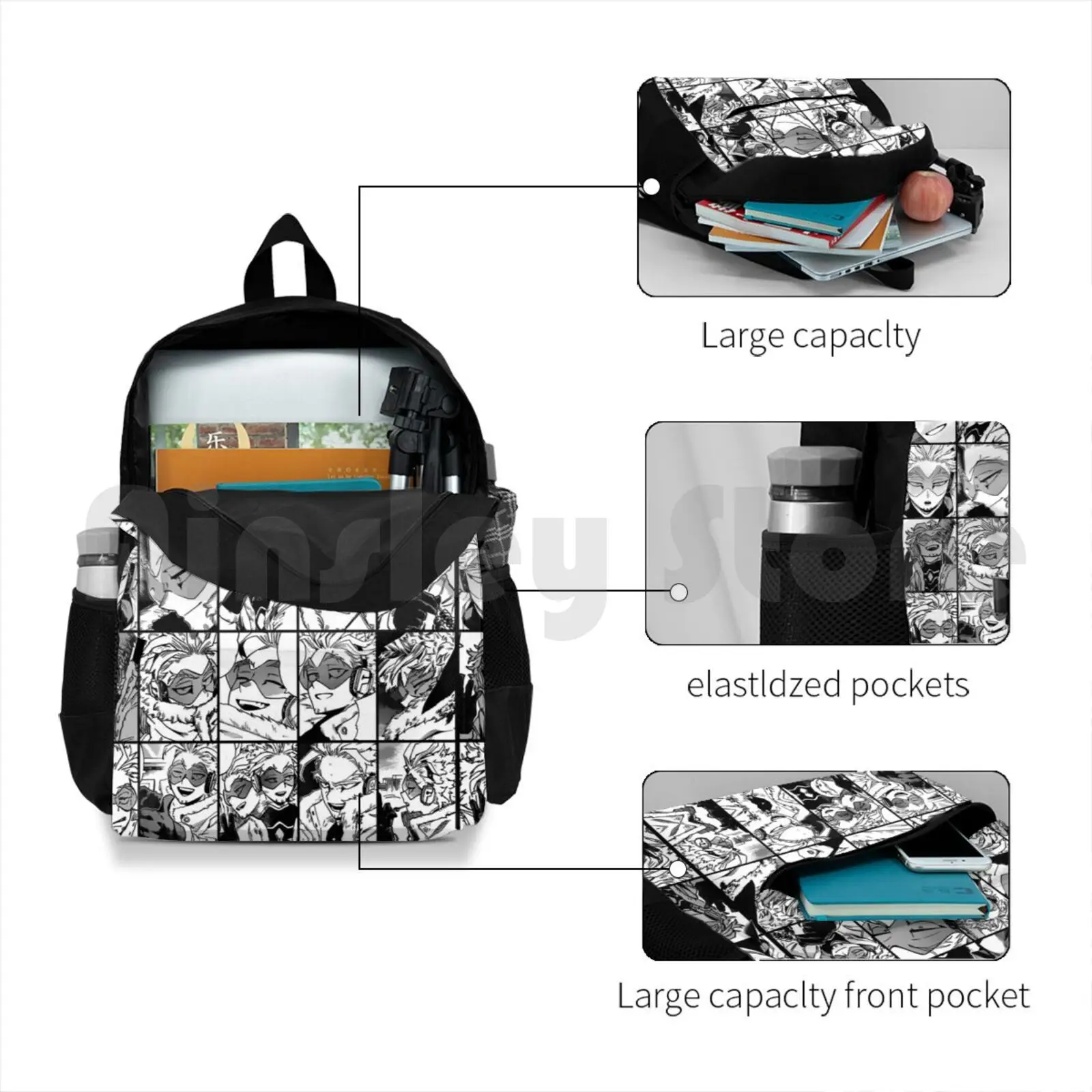 Hawks-Manga Black And White Version Outdoor Hiking Backpack Waterproof Camping Travel Hawks Endeavor All Might Aizawa Shigaraki