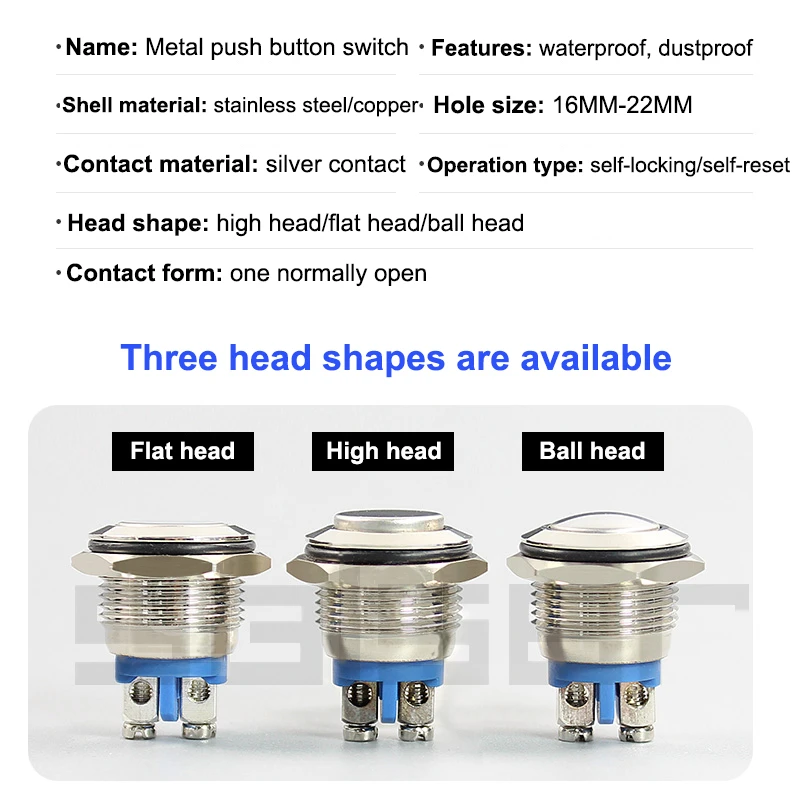 16mm19mm Metal Push Button Switch Self-locking Latching Screw Foot Waterproof Dustproof NO Industrial Control Equipment