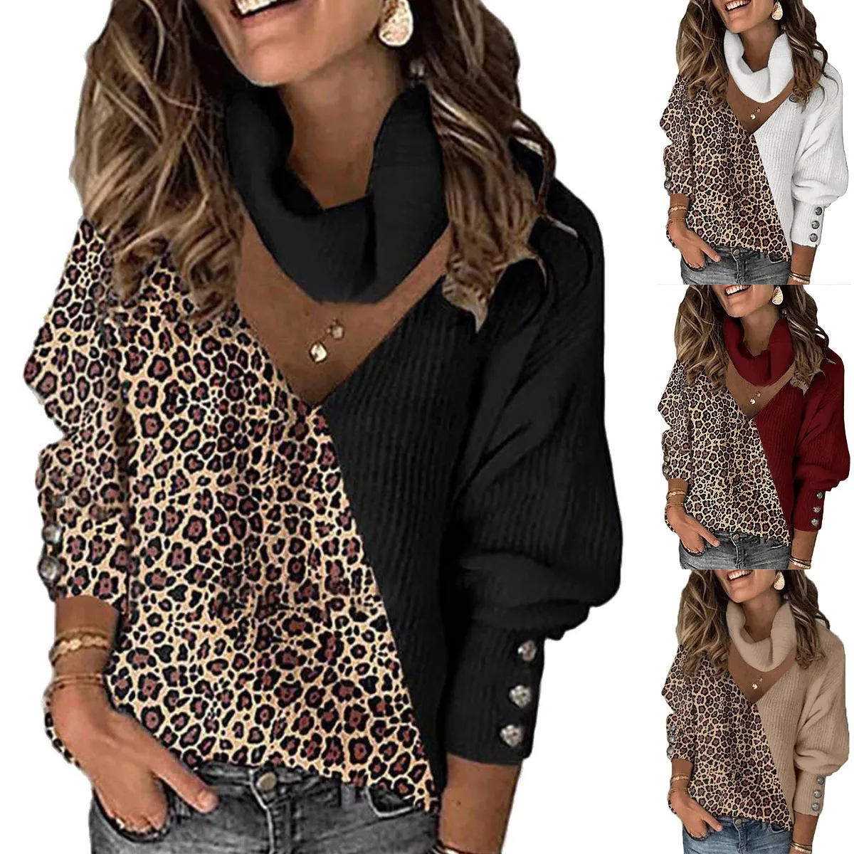 Leopard Print Patchwork V-ausschnitt Vintage Gestrickte Pullover Winter Kleidung Frauen Langarm Y2k Top Weibliche Casual Harajuku Pullover