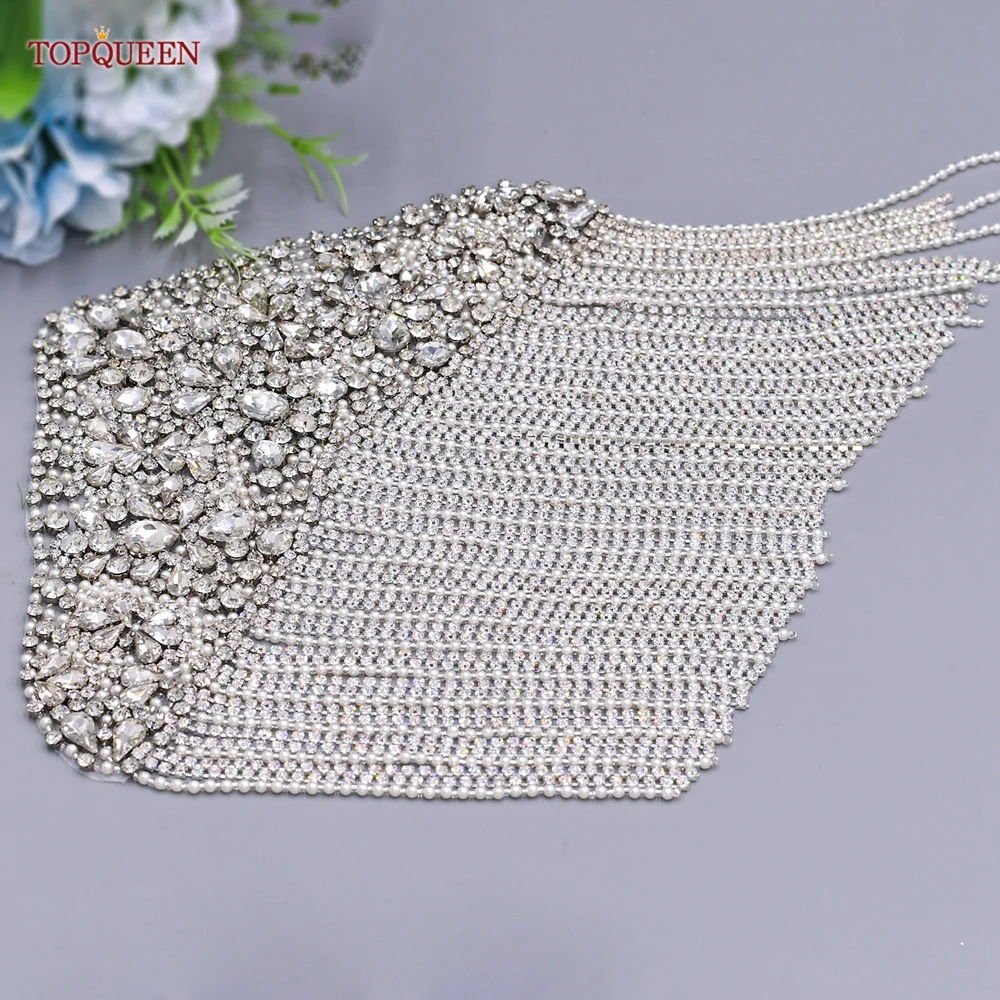 TOPQUEEN SP36 Rhinestone Applique Bling Large Sewing Patches Epaulets for Women Ladies Bridal Party Clothing Dresses Gown Coats