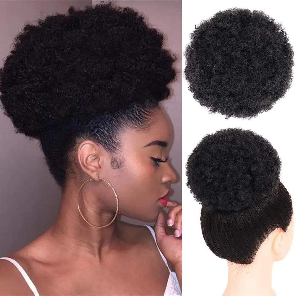 Dlme extensões de cabelo afro, extensões de cabelo para rabo de cavalo, puff afro sintético, curto, cacheado afro, buns com dois prendedores