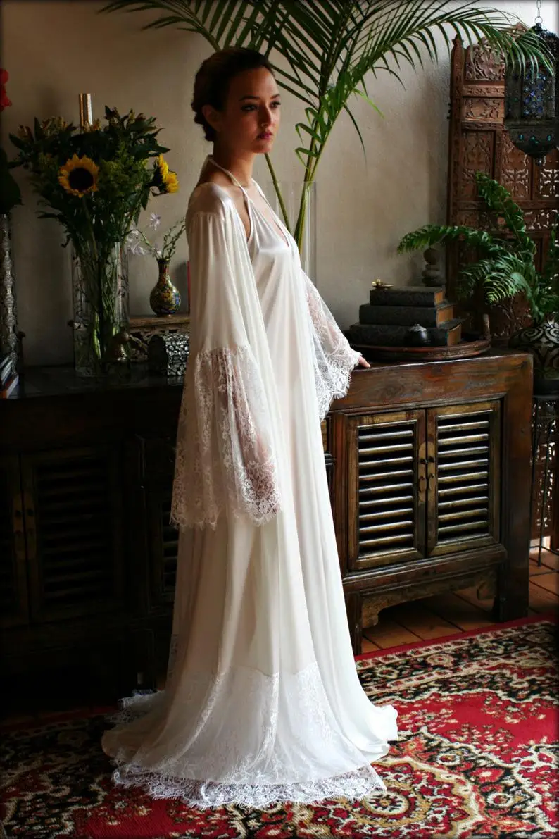 Two Pieces Bridal Robe Lace Trimmed Sleeve Wedding Sleepwear Bridal Lingerie Dressing Gown Kimono Robe Wedding Robe