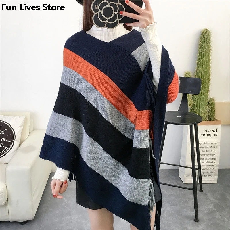 Women Vintage Patchwork Poncho Female Batwing Sleeve Knit Shawl Oversized Ponchos Capes Sweaters Winter Irregular Cloak Cardigan