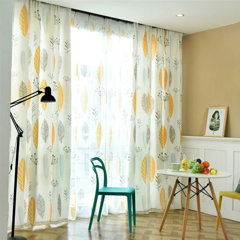 Yellow Gray Linen Curtains for Living Room Bedroom Print leaves curtain for kids Room Curtain Tulle sheer