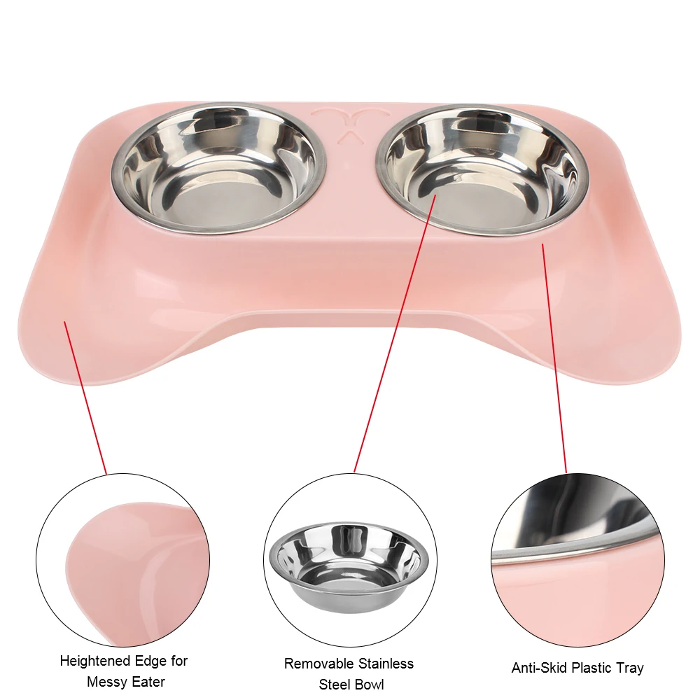 Leakproof No Spill Double Stainless Steel Dish Cat Feeding Pet Drinking Bowl Food Feeder Dog Cat Food Container tray