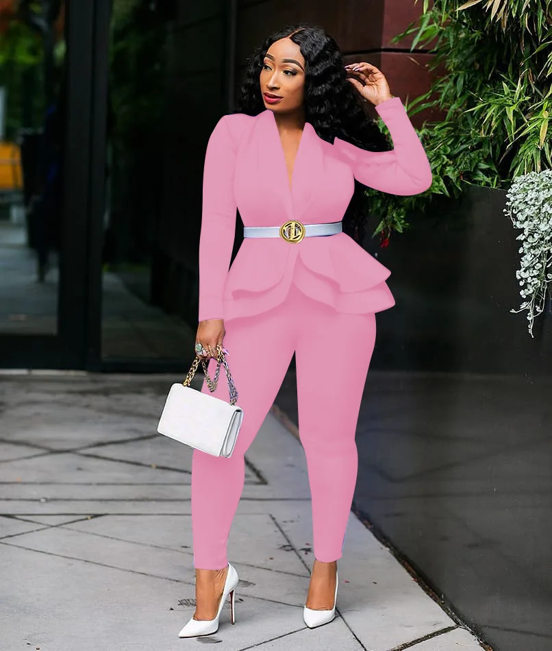 New 2025 Women Long Sleeve Solid Ruffles Design Top & Skinny Pencil Pant Sets Two Piece Set Women Outfits