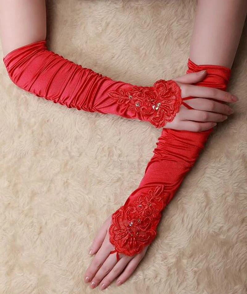 In Stock Lace Appliques Beads Bridal Gloves Ivory/White/Black/Red Long Elbow Length Fingerless Wedding Gloves Bride Accessories