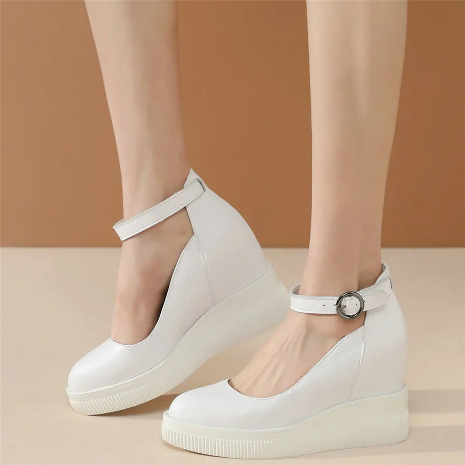 

Mary Jane Shoes Women Ankle Strap Genuine Leather Chunky High Heels Pumps Shoes Female Platform Wedges Ankle Boots Casual Shoes