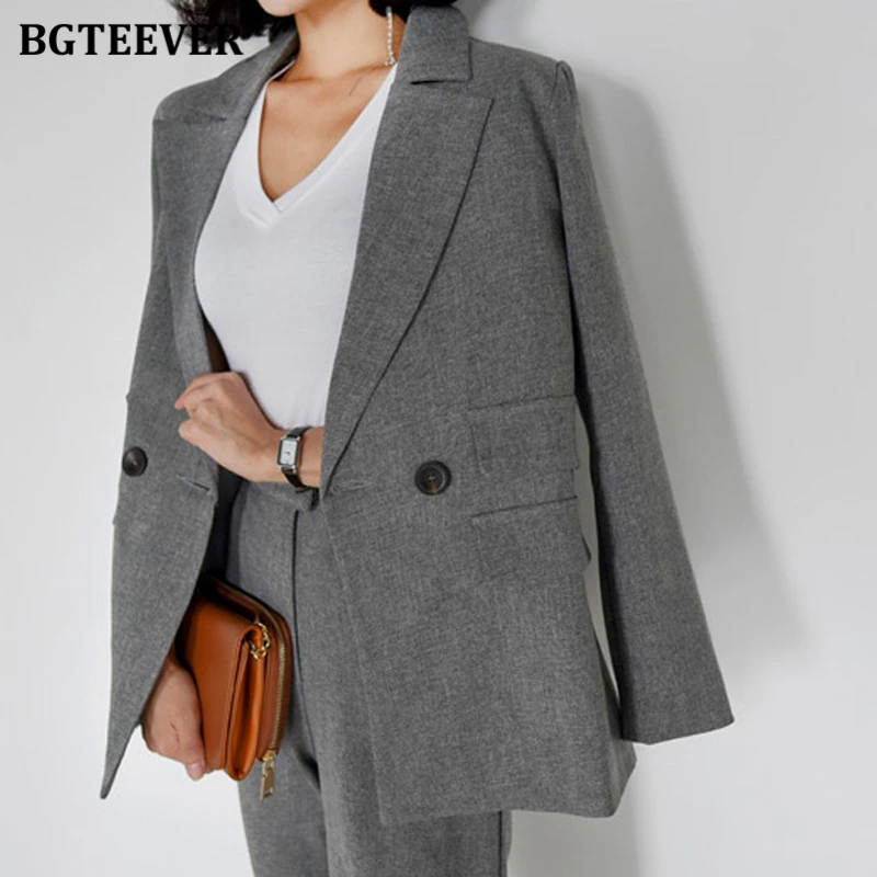 BGTEEVER Two-piece Women Trousers Suits Long sleeve Double Solid Blazer Pants Sets Office Ladies Elegant Pant Suits 2021 Autumn