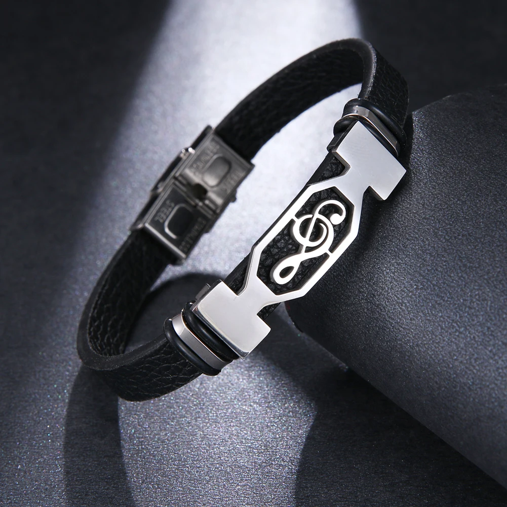 2021 Trend Glamour Jewelry Classical Stainless Steel Music Symbol Bracelet Leather Cuff Bracelet Men And Women Pulsera Hombre