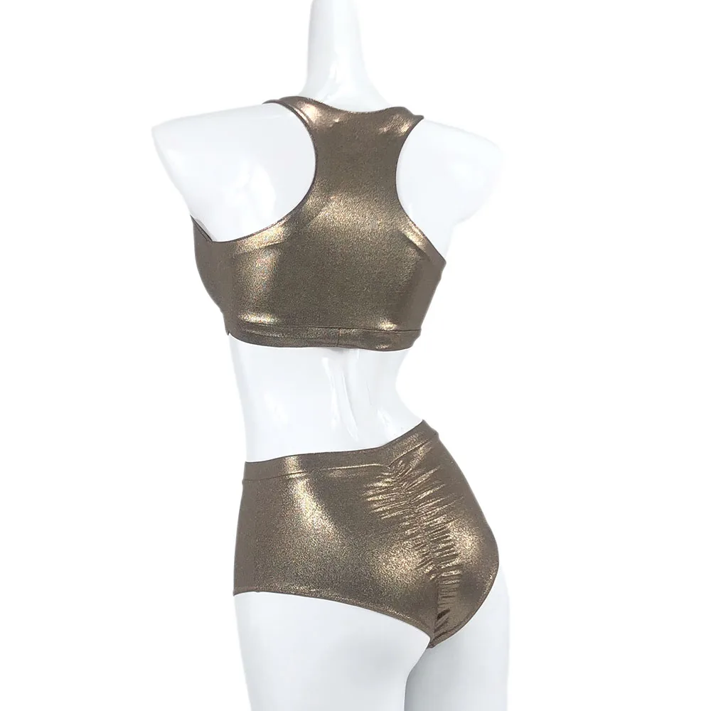 Hope&Win Sexy Women Pole Dance Clothing  Racer Back Crop Top Match Hot Shorts Shiny Metallic Bronze Clubwear