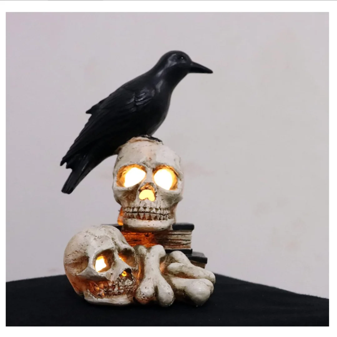 Creative Crow Skeleton Skull Head Lamp, Funny Decorative Night Light Crows Perched On Skeletons and Books