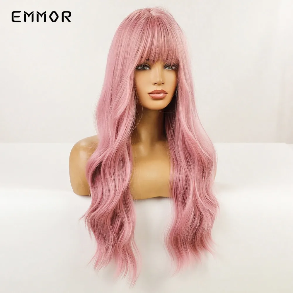 Emmor Long Body Natural Pink Wig for Women Synthetic Wavy Wigs with Bangs Fashion Heat Resistant Fiber Cosplay Party Hair Wig