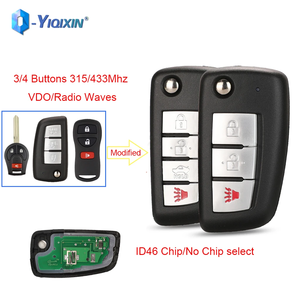 

YIQIXIN Modified Flip Remote Car Key For Nissan X-Trail Qashqai Sunny Sylphy Tiida March Sentra 315/433Mhz Smart Fob ID46 Chip