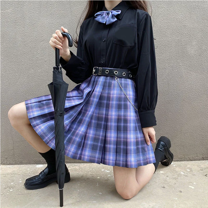 [Romantic Athanasy] Long/Short Sleeve Stundent Lady Girls High Waist Plaid Pleated Skirts JK School Uniform Anime Clothes  Black