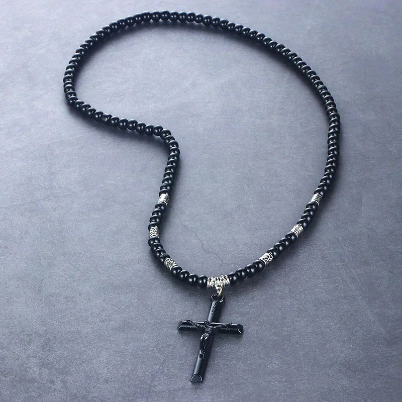 1 PC Religious Jesus Cross Pendant Necklaces Saint Benedict Medal Necklace for Men Stone Beads Rope Chain Black Unisex Jewelry