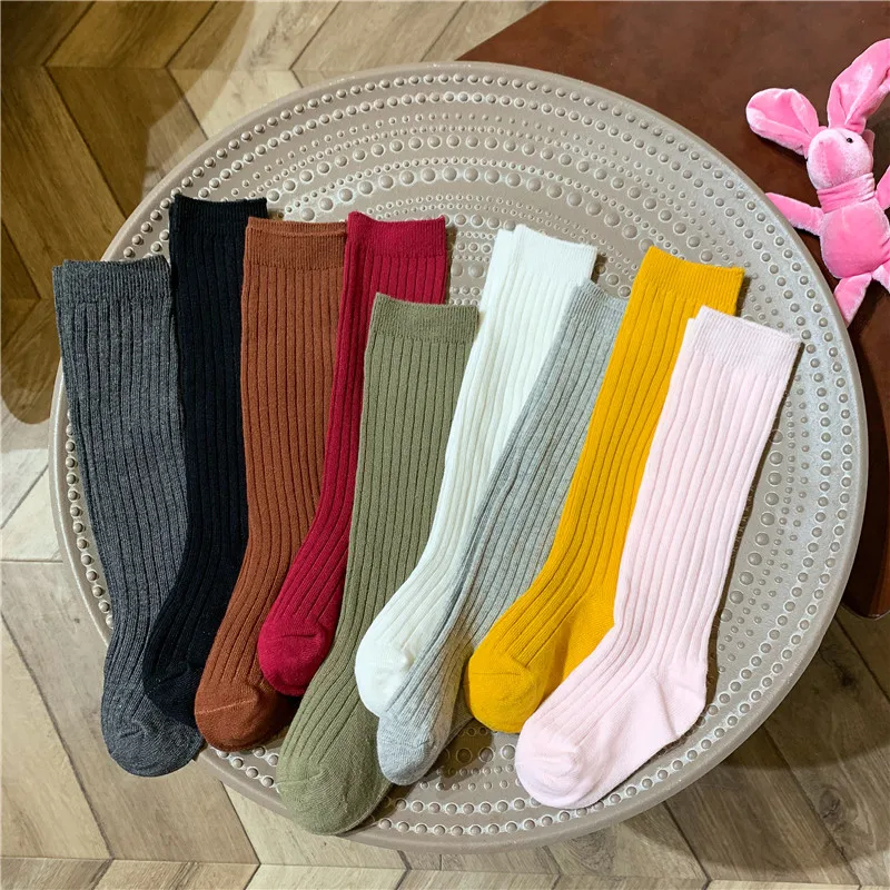 New Children Knee High Socks Kids Boys Girls Leg Warmers Soft Cotton Plain Baby Sock Stripe Student Long Socks For 1-8 Years Old