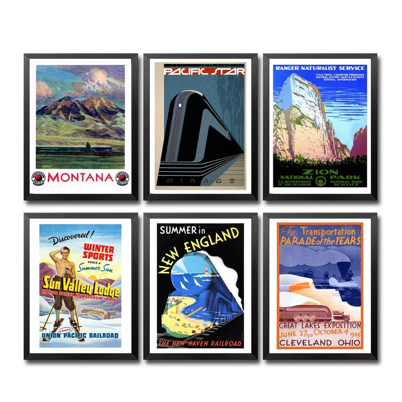 USA United Stats American Train Chicago Park Zion Lines Vintage Travel Poster