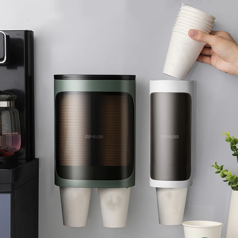 Household Wall-Mounted Automatically Drop Disposable Cup Holders Punch-Free Paper Cups Dust-Proof Drinking Fountain Racks