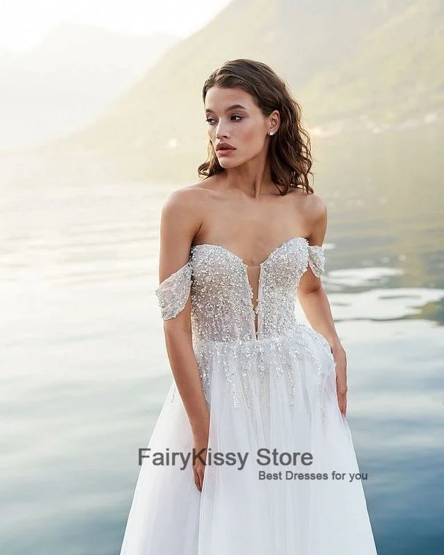 FairyKissy-Vestidos De Noiva Frisados Brancos, Vestido De Noiva Fora Do Ombro, Lado Dividido, Um Vestido De Praia Linha, Novo, 2020