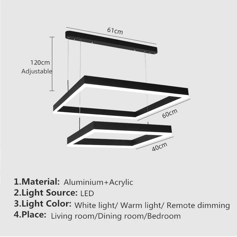 Imagem -06 - Lustre Moderno de Led Sala de Jantar Quarto Nórdico Minimalista Preto Quadrado Suspenso Iluminação Luminária