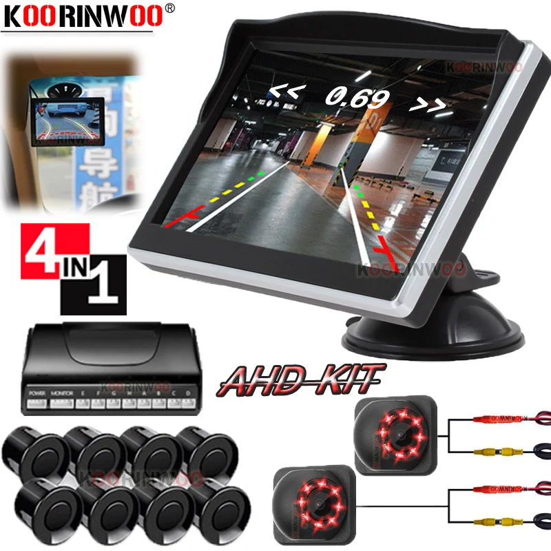 

Koorinwoo Parktronic Video 8 Sensor Front + back Reverse Car Parking sensors Probes LCD Monitor Parking Assist beep Sounds Alarm