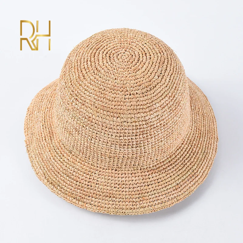 Handmade Ladies Crochet Natural Raffia Straw Bucket Hat For Spring Summer Beach Floppy fisherman Caps