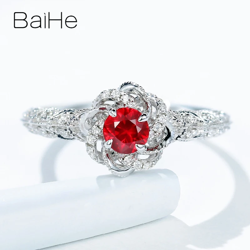 

BAIHE Real Solid 14K White Gold Natural Ruby Diamond Flower Ring Women Trendy Fine Jewelry Making Anillo de flores แหวนดอกไม้