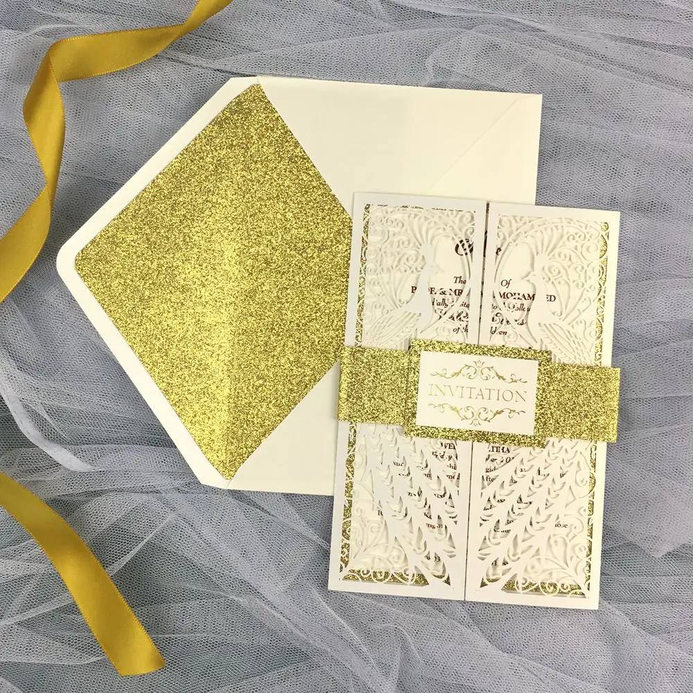 Pearl White wedding invitations with glittery Gold envelope belly band custom printing laser cutting birthda party invite 50pcs