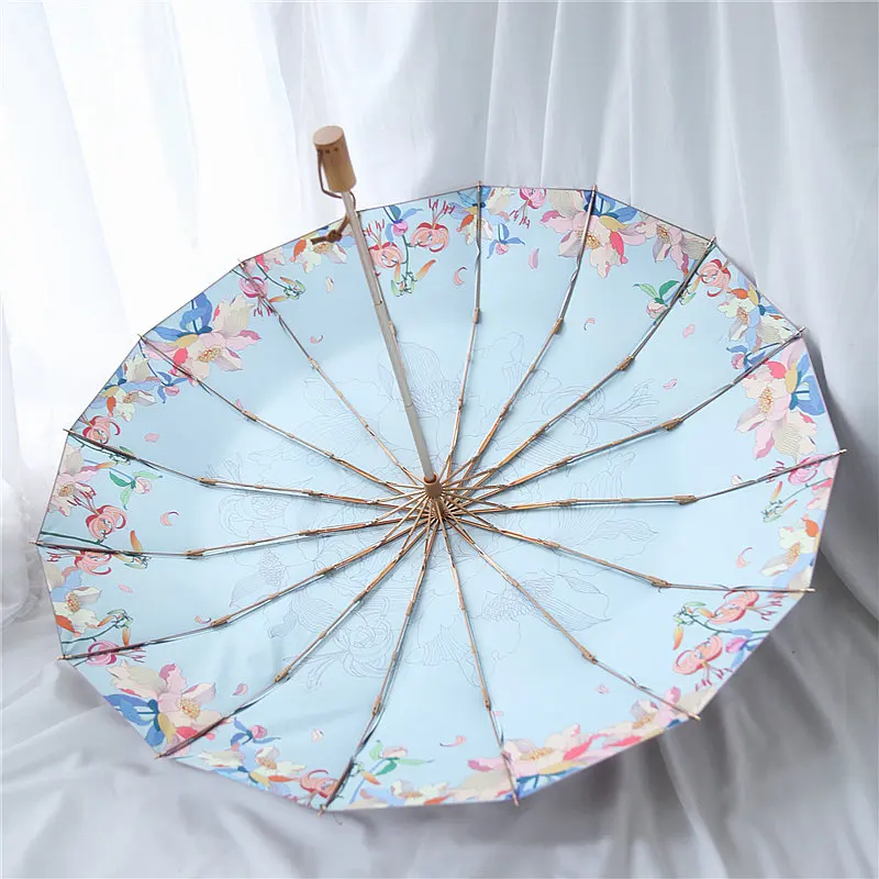 Fashion 16Ribs Rain Umbrellas for Women Windproof Wooden Handle Three Folding Anti-UV Sun Umbrellas Parasol Guarda Chuva