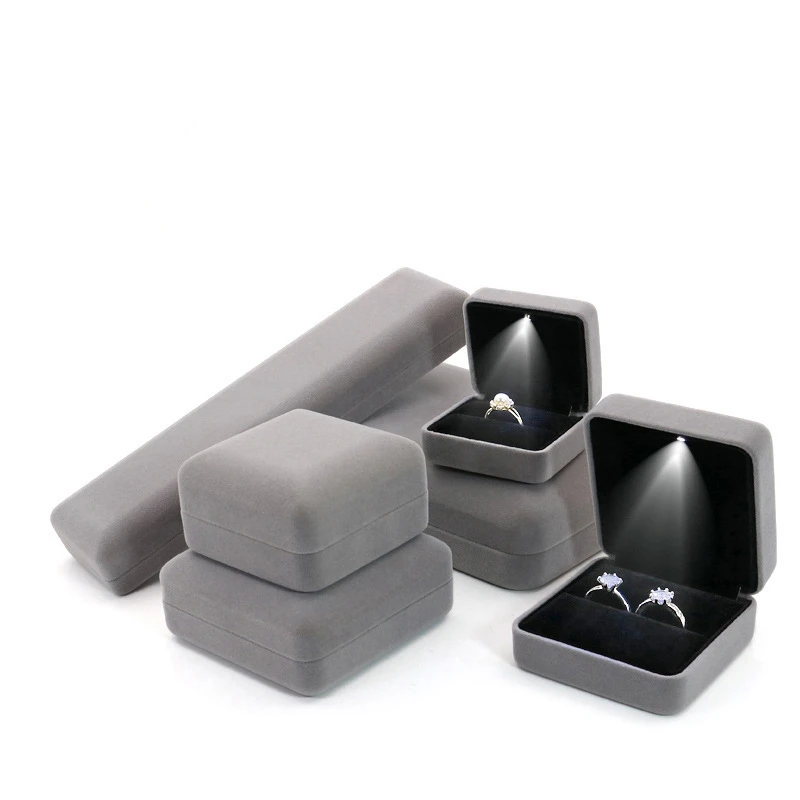 Velvet LED Jewellery Box Wedding Ring Pendant Earring Jewelry Display Packaging Cases with Custom Logo Jewellery Gift Box Cases