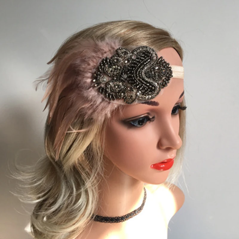 

Feather Headband Vintage Pink Feather Black Beaded Bridesmaids Headpiece 1920s Charleston Gatsby Party Feather Headwear 2021
