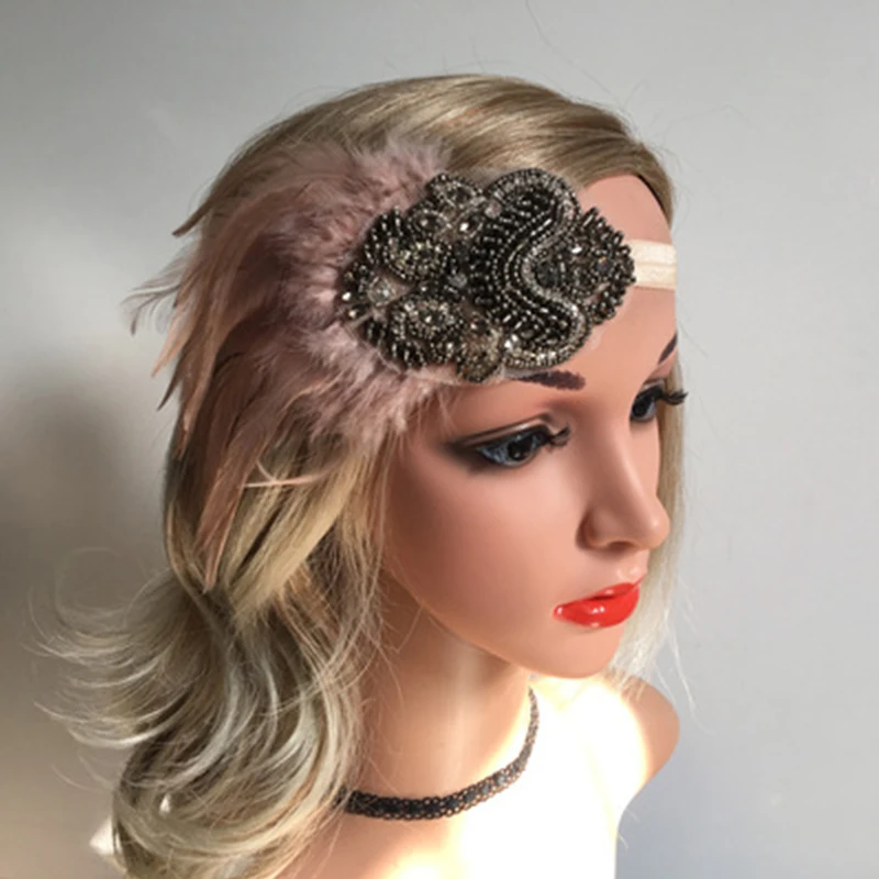 Feather Headband Vintage Pink Feather Black Beaded  Bridesmaids Headpiece 1920s Charleston Gatsby Party  Feather Headwear 2021