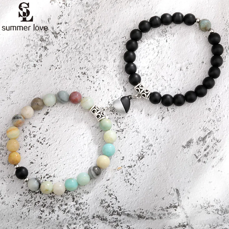 2pc/Set Natural Stone Beads Bracelet For Women Men Attractive Distance Heart Magnetic Bracelets Friendship Couple Jewelry 2024