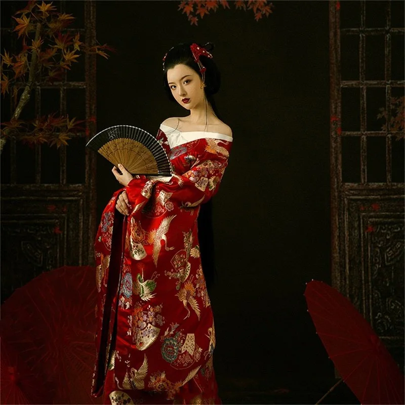 

Hua Gui Meng Immortal Crane Japanese Style Geisha Red Kimono Thematic Photography Hanfu Stage Performance Dance Costume Cosplay