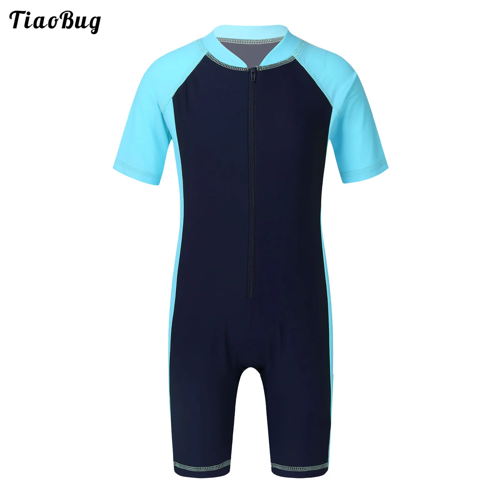 TiaoBug Summer Kid Boys Girls Patchwork One-Piece Swimwear Short Sleeves Zippered Shorty Wetsuit Swimsuit Bathing Suit Rash Guad