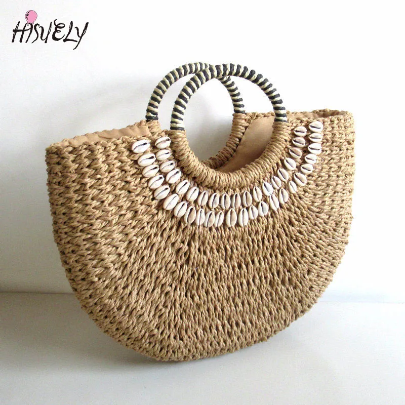 2024 New Women round bucket semicircle straw bag handmade  shell woven basket rattan handbag vacation beach bag