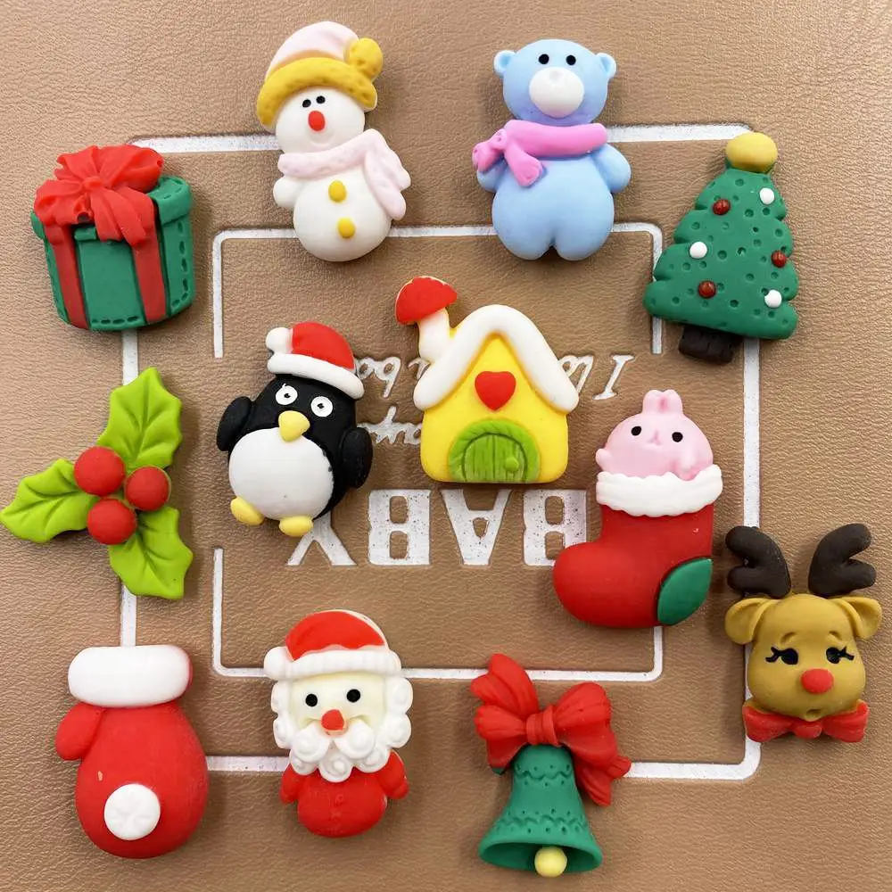 12pcs Colorful Resin Snowman Bear Penguin Santa Claus Tree Gift Box Elk Flatback Scrapbook Craft DIY Accessory Decor Figurine