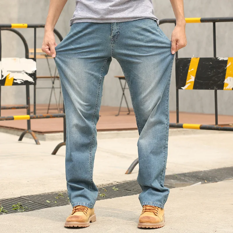 Summer Thin section Baggy Men Jeans Trousers Straight Large Size Elastic Retro Leisure Denim Pants Hip Hop Streetwear Blue Jeans