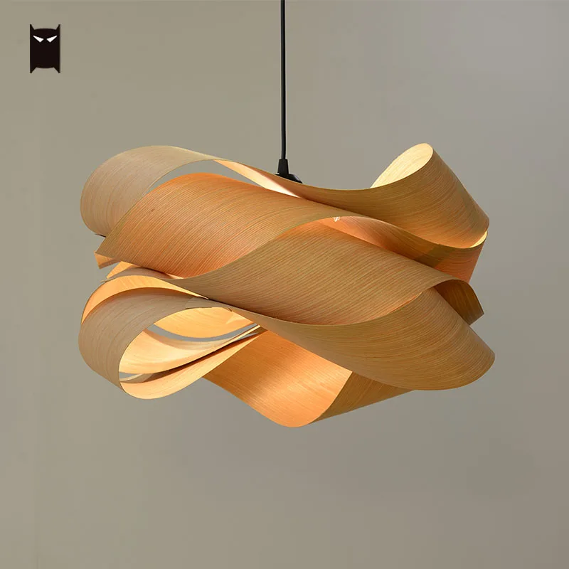 45/60cm Wood Veneer Wave Pendant Lighting Fixture Country Vintage Art Deco Nordic Hanging Ceiling Lamp Living Dining Table Room