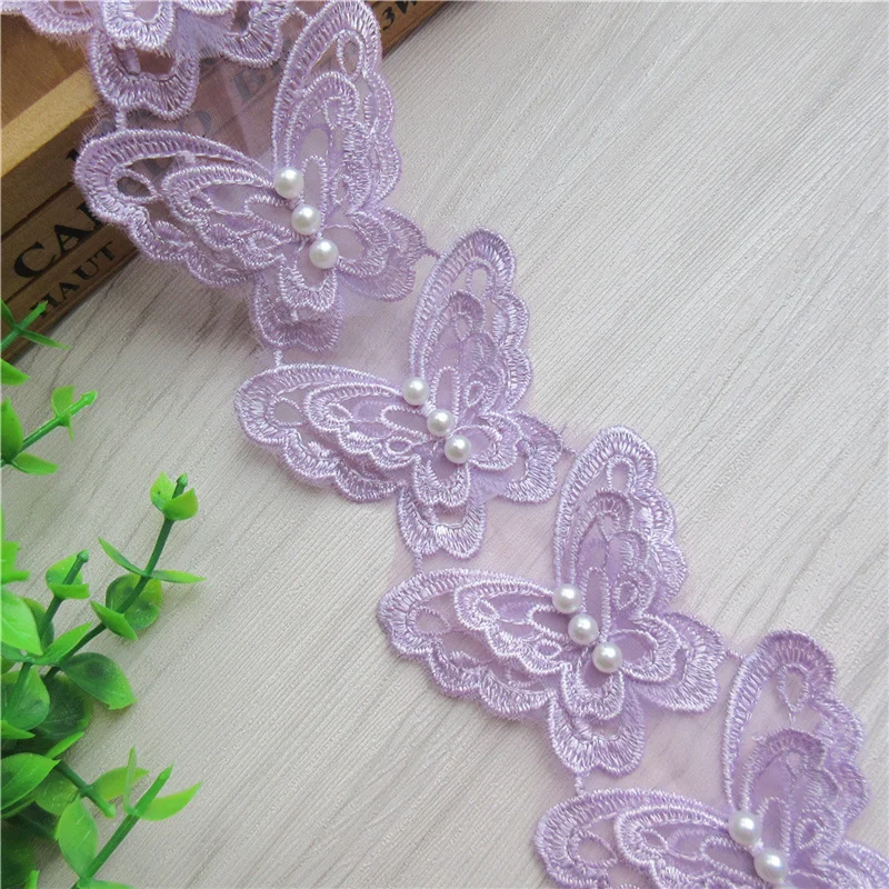 2 Yards 3D Soluble Purple Butterfly Pearl Organza Lace Trimming Embroidered Handmade DIY Patchwork Knitting Ribbon Sewing Craft