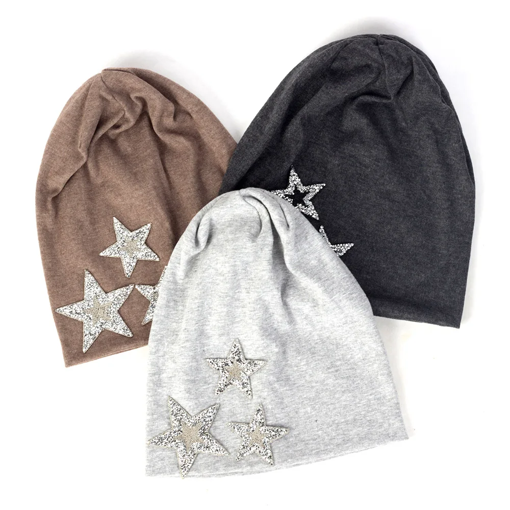 Geebro Women Slouchy Fashion Beanies Rhinestones Shining Star Soft Cotton Solid Color Womens Girls Hat Bonnet Femme Cap