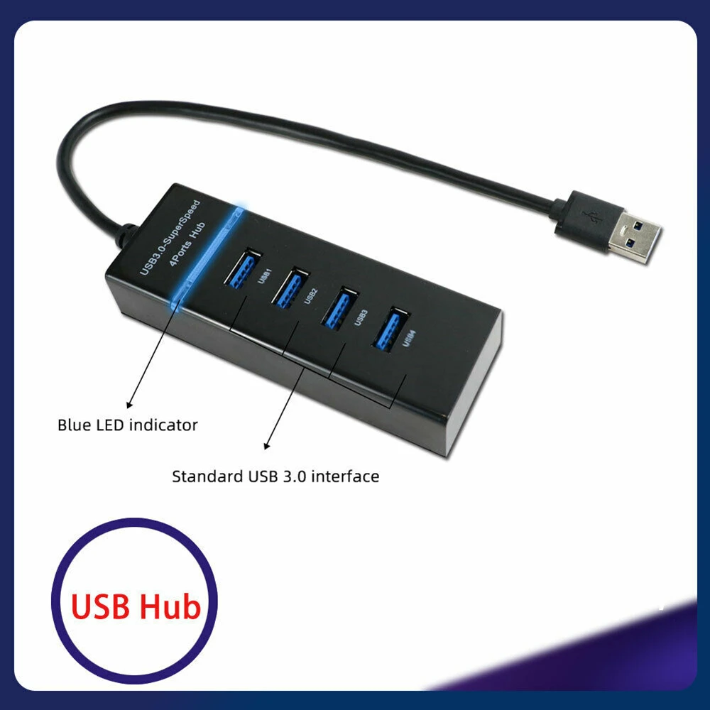 Portable Universal USB 3.0 -SuperSpeed 4 Ports Hub with LED Light Ultra Slim Splitter Adapter Cable for PC,Computer,Notebook