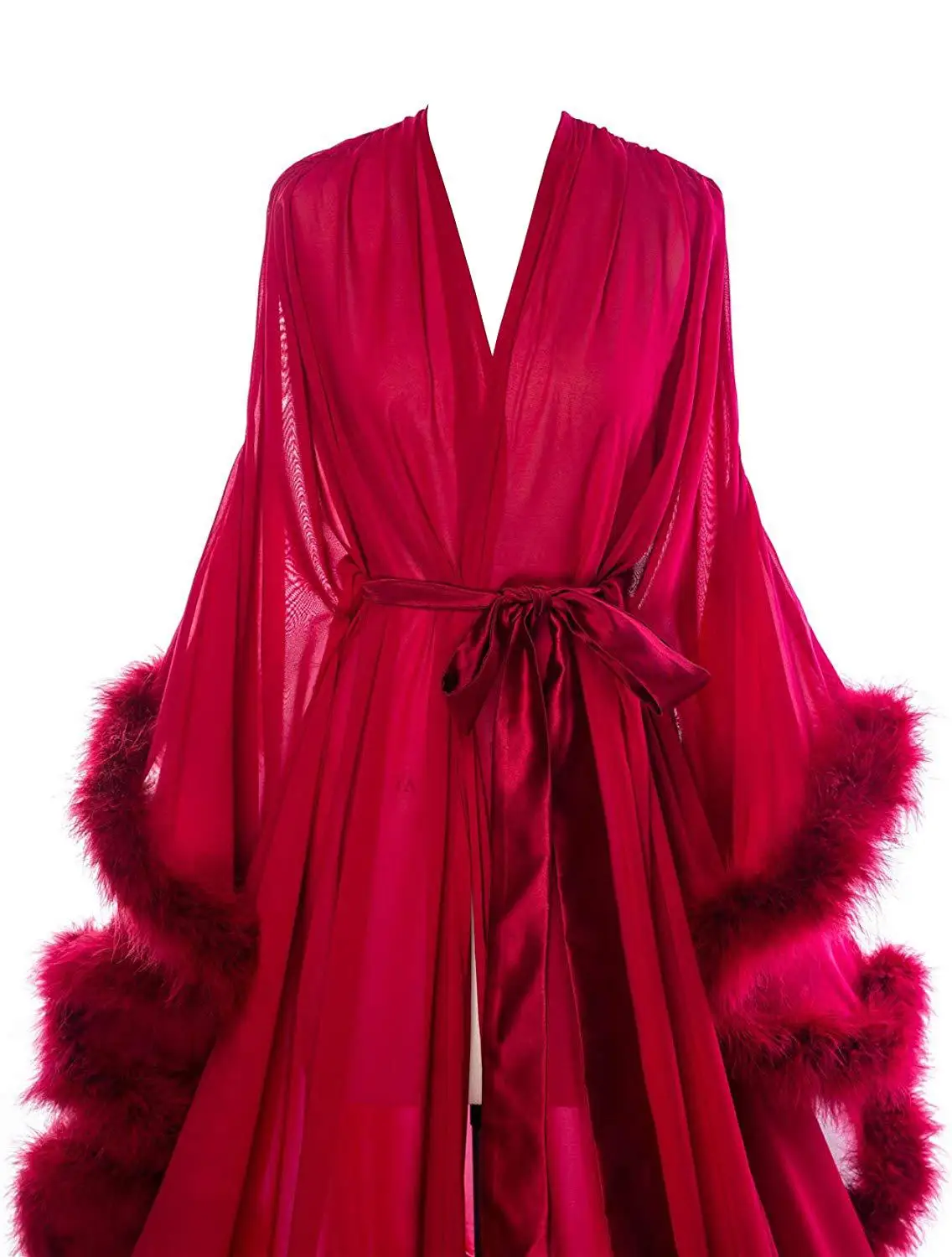 Red 2020 Feather Chiffon Evening Robe V Neck Bridal Robe Wedding Scarf Long Lingerie Robe Nightgown Bathrobe Sleepwear with Bel