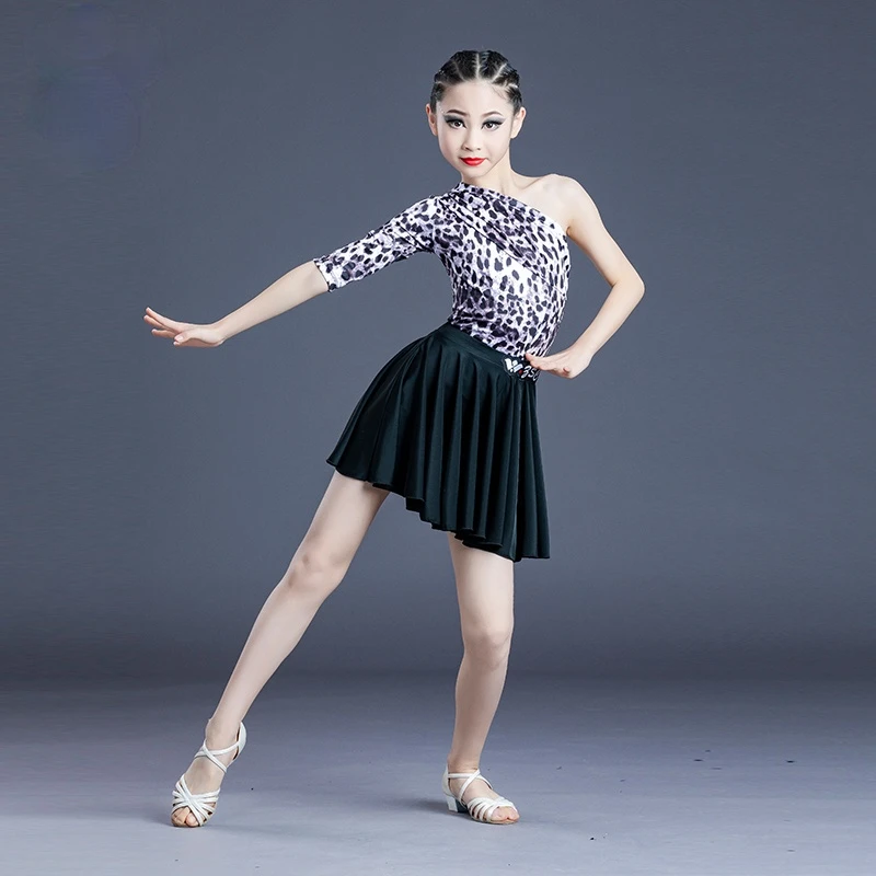 Kids Girl 2021 Summer Split Leopard Print New Girls Latin Dance Dress Leotards Skirts Suit Competition Performance Practice Wear